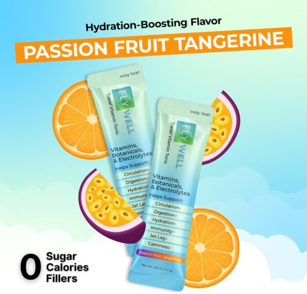 Travel Vitamin Tonic for Flight, Jet Lag, Hydration, Circulation, Digestion & Immune Support, Promotes Calmness, Electrolyte Powder, Travel Essentials, Passion Fruit Tangerine, 15 Sticks - Image 7
