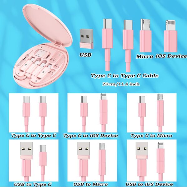 Multi USB Charging Adapter Cable Kit, USB C to iOS Device Adapter Box, Conversion Set USB A & Type C to Male Micro/Type C/iOS Device, Data Transfer, Card Storage, Tray Eject Pin, Phone Holder (Pink) - Image 4