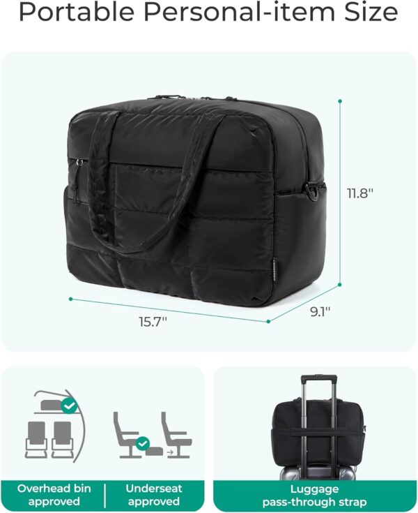 BAGSMART Puffer Travel Duffel Bag, Small Gym Bag for Women, Water-resistant Weekender with Shoe Compartment, Black - Image 5