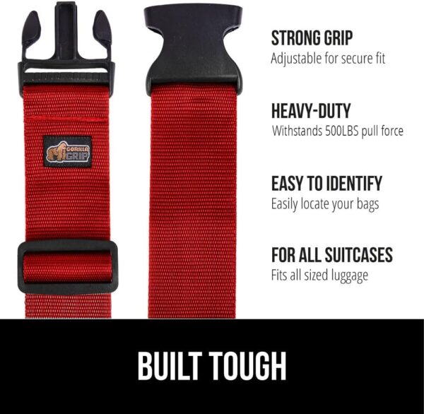 Gorilla Grip Heavy Duty Adjustable Luggage Straps for Suitcases, Easy to Identify Travel Belt Connector Holds Suitcase Together, Extends Life of Bag, Strap Connects Two Bags, Accessories 2 Pack Red - Image 2