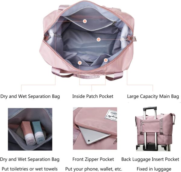 Large Capacity Travel Bag, Expandable Foldable Travel Duffel Bag, Dry and Wet Separation Portable Travel Duffel Bag, Overnight Bag for Women and Man（Fuchsia） - Image 5