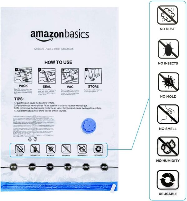 Amazon Basics Vacuum Compression Space Saving Zipper Storage Bags with Hand Pump for Travel Clothes, Multiple Pack of 12 (3 Jumbo, 3 Large, 3 Medium, 3 Small), Clear - Image 7