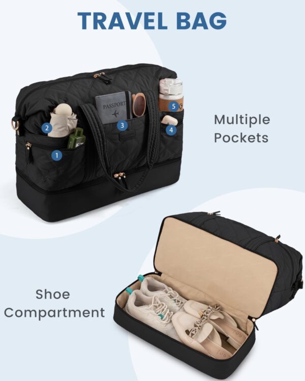 LOVEVOOK Travel Duffle Bag, Lightweight Weekender Bags for Women with Shoe Compartment, Puffer Gym Bag Personal Item Travel Bag, Quilted Overnight Bags and Hospital Bag for Labor and Delivery, Black - Image 2