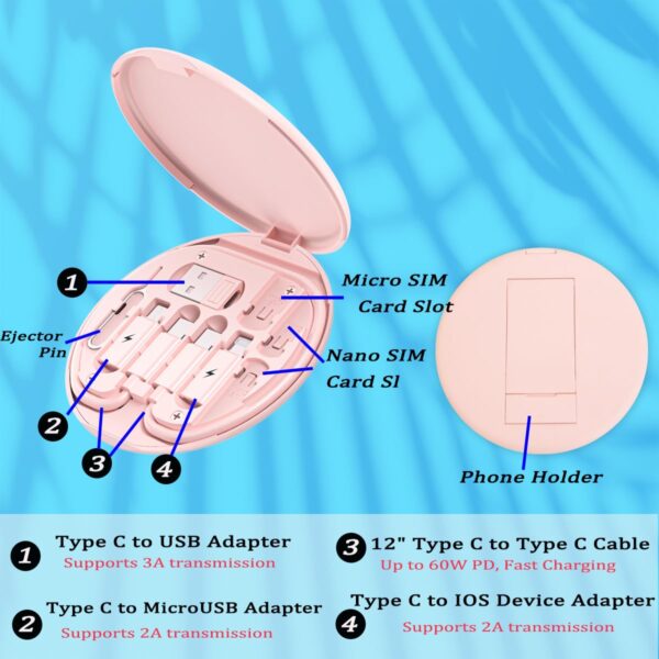 Multi USB Charging Adapter Cable Kit, USB C to iOS Device Adapter Box, Conversion Set USB A & Type C to Male Micro/Type C/iOS Device, Data Transfer, Card Storage, Tray Eject Pin, Phone Holder (Pink) - Image 3