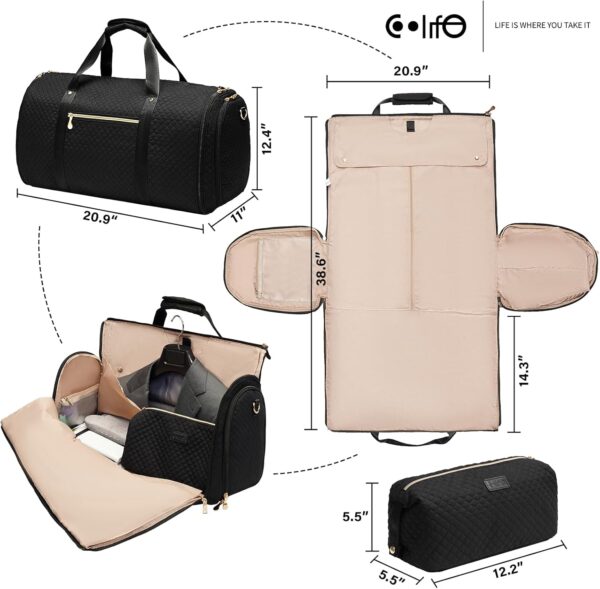 Coolife Garment Bag Carry On Convertible Travel Duffel Bag with Shoe Pouch Weekender Bag for Women Men 2 in 1 Hanging Suit Bag with Shoulder Strap Business Travel Bag (Pink, Standard) - Image 7