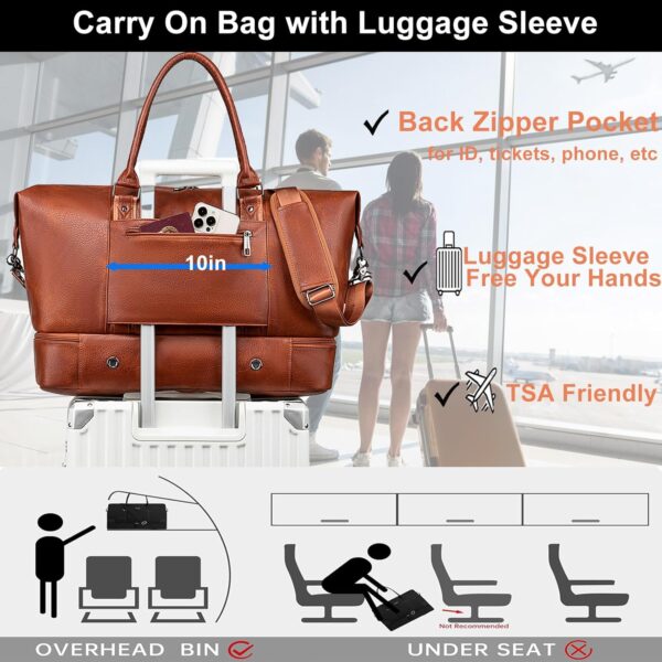 weiatas Leather Travel Duffel Bag for Women Men, Large Weekender Overnight Bag with Shoes Compartment, Waterproof Carry On Bag Travel Tote Bag Gym Bag with Luggage Strap (Brown) - Image 4