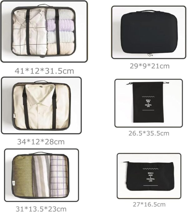 6 Set Packing Cubes for Suitcases Travel Luggage Packing Organizers,Travel Essentials Luggage Organizer for Travel Accessories Shoe Bag Tioletry Bag Laundry Bag (Black) - Image 5