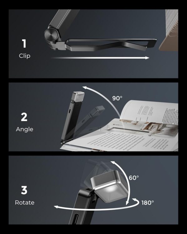 86lux Book Light, Rechargeable Clip-On LED Reading Light for Bed & Night Use - 3 Color Temperatures with Stepless Dimming, Ultralight Bookmark Design for Kids, Book Lovers, Grey - Image 7