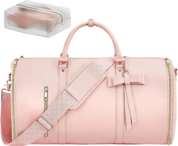 Garment Bags for Travel, Convertible Suit Travel Bag for Women, Stylish Carry On Garment Bag with Toiletry Pocket, Shoulder Strap and Shoes Compartment, 2 in 1 Foldable PU Leather Duffle Bag, Pink - Image 6