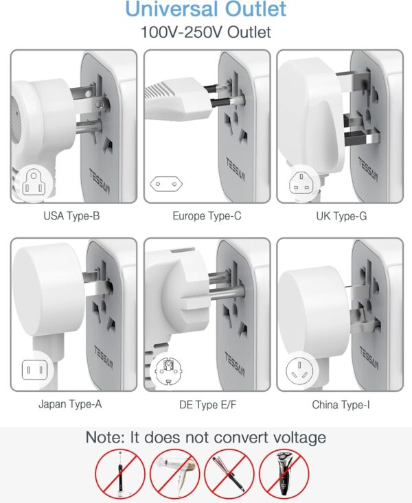 TESSAN Universal Travel Adapter, International Power Adapter 5.6A 3 USB C 2 USB A Ports, Travel Worldwide Plug Adaptor, Outlet Converter Wall Charger for Europe UK EU AUS (Type C/G/A/I) - Image 4