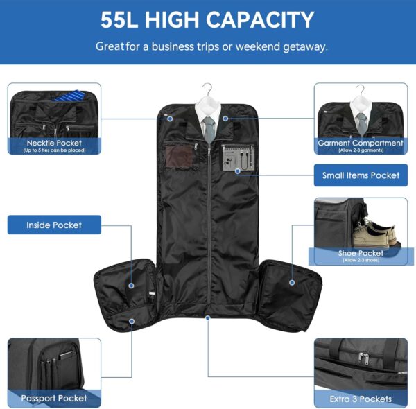 Garment Duffle Bags for Travel, Bukere Convertible Carry on Garment Duffel Bag for Men Women, Shoe Compartment, 2 in 1 Hanging Dress Suitcase Suit Travel Bags, Midnight Grey - Image 2