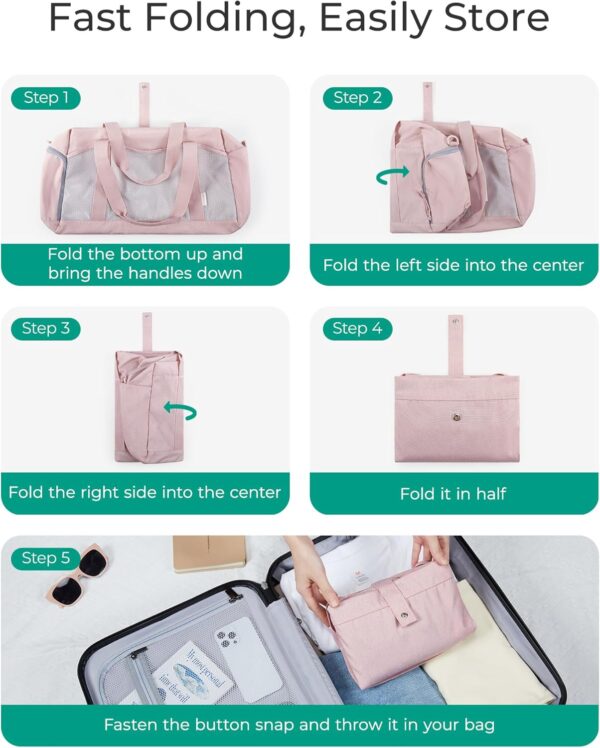 BAGSMART Foldable Duffle Bag for Women - 35L Carry On Weekender Overnight Sports Duffel with Shoe Compartment, Personal Item Travel Workout Bag for Travel Yoga, Pink - Image 3