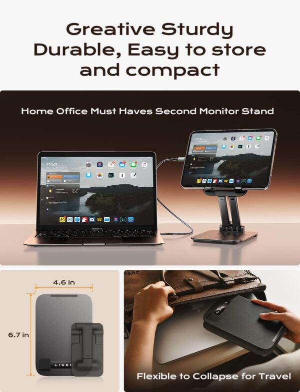 LISEN Tablet Stand for iPad Stand Holder Office Desk Accessories, Foldable iPad Air Holder Travel Accessories 10th Generation Home Office for Desk Men Gifts Fits Tabs Kindle iPhone 4-15.9" Black - Image 3