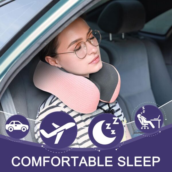 napfun Neck Pillow for Traveling, Upgraded Travel Neck Pillow for Airplane 100% Pure Memory Foam Travel Pillow for Flight Headrest Sleep, Portable Plane Accessories, Pink - Image 2