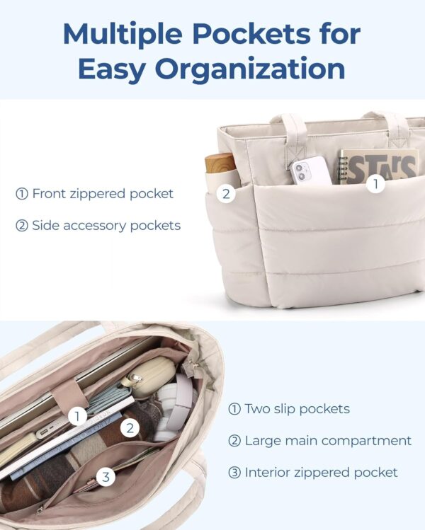 BAGSMART Tote Bag for Women, Lightweight Puffy Tote Bag with Compartments, Quilted Shoulder Bag Handbag for Travel, Work - Image 4