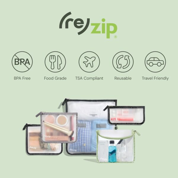 (re)zip Zippered TSA-Compliant Travel Quart Bag | Zippered, Reusable, Storage Bag for Toiletries, Makeup, Suitcase Organization | BPA-Free, Food Grade, Machine Washable (Clear, Sage Piping) - Image 4