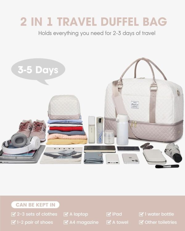 Travel Duffle Bag Weekender for Women: Travel Duffel Bag Carry-On Overnight Bag with Shoe Compartment & Wet Pocket Large Weekend Tote Bag with Toiletry Bags Gym Duffel Bag for Hospital Beige - Image 5