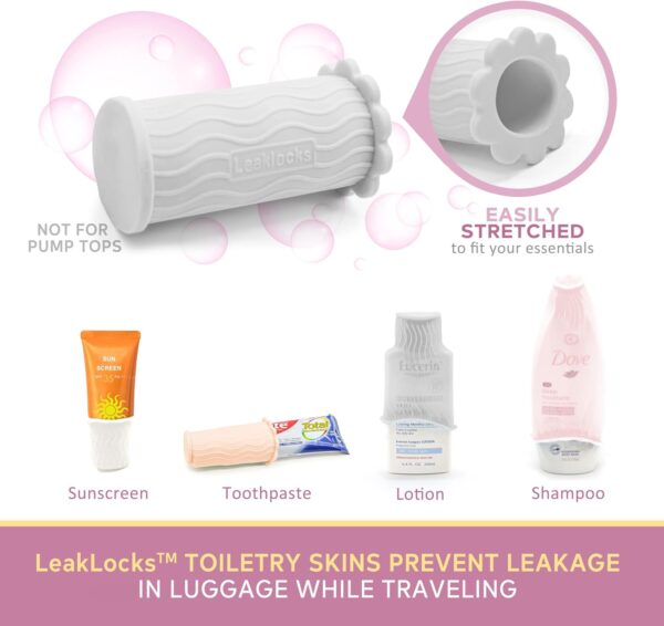 LeakLocks® Toiletry Skins™ Elastic Sleeve for Leak Proofing Travel Container in Luggage. For Standard and Travel Sized Toiletries. Reusable Accessory for Travel Bag Suitcase and Carry-on Luggage - Image 3
