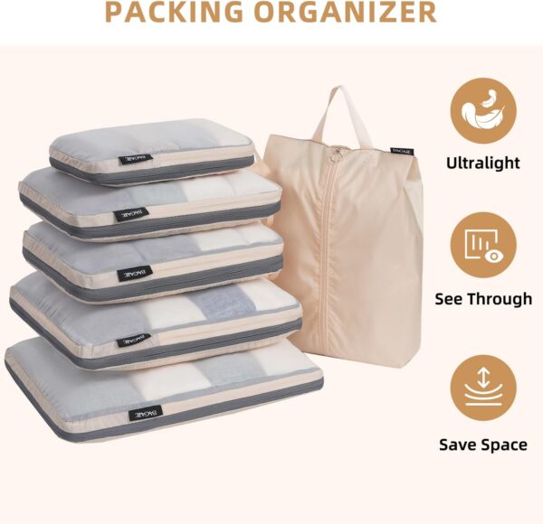 BAGAIL 4 Set/6 Set Ultralight Compression Packing Cubes Packing Organizer for Travel Accessories Luggage Suitcase Backpack(70D FullMesh 6Set Cream) - Image 6