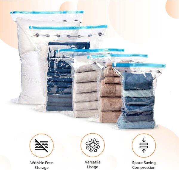 Amazon Basics Vacuum Compression Space Saving Zipper Storage Bags with Hand Pump for Travel Clothes, Multiple Pack of 12 (3 Jumbo, 3 Large, 3 Medium, 3 Small), Clear - Image 2