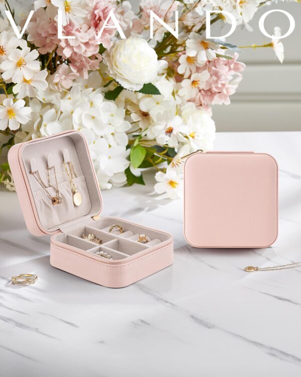 Vlando Travel Jewelry Box, Small Jewelry Travel Organizer Case Travel Essentials Christmas Gift for Women Girl - Pink - Image 2