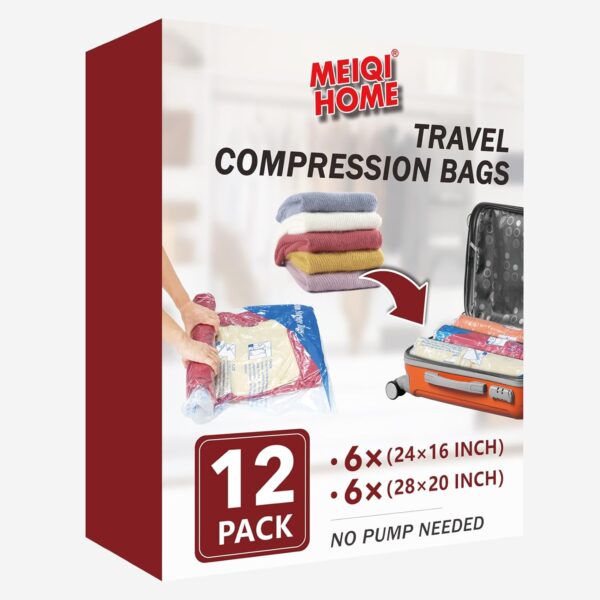 12 Pack Compression Bags for Travel | Vacuum Seal Storage Bags for Luggage & Dirty Clothes | Travel Packing Space Saver Bags for Suitcases & Home Organization | MEIQIHOME - Image 2