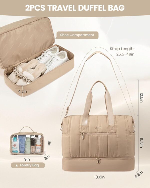 LOVEVOOK Travel Duffle Bag,Puffer Weekender Bags For Women with Shoe Compartment,42L Carry On Duffel Bags For Airplanes,Hospital Bag for Labor and Delivery,Overnight Bag With Toiletry Bag,2Pcs Set - Image 3