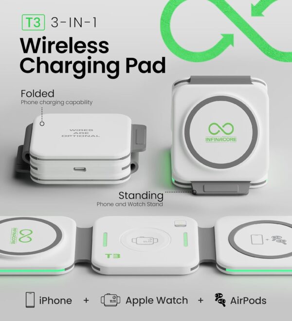 InfinaCore 3-in-1 Charging Station for Apple Devices - Travel Essentials- Magnetic Wireless Travel Charger - Foldable Charging Pad for Magsafe iPhone 16 15 14 13 12 Pro Max/Plus, AirPods & Apple Watch - Image 2