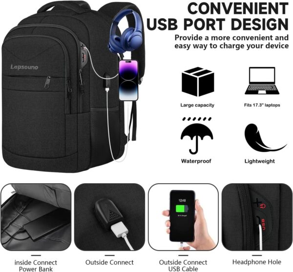 Travel Backpack, Large Carry on Backpack, 17 Inch Laptop Bag, Big Sturdy TSA-Friendly with USB Port College School Rucksack Bag, Gifts for Him Men Women, Black - Image 6