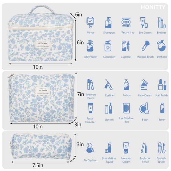 Makeup Bag,Quilted Cosmetic Bag,Large Floral Make Up Bag for Women,Cotton Makeup Bag Set,Flower Travel Toiletry Bag - Image 2