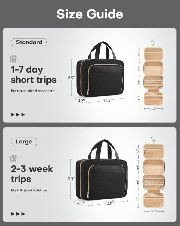 HOTOR Travel Toiletry Bag for Women & Men, Waterproof Makeup Bag with Hanging Hook and Multiple Pockets, Cosmetic Bags for Women, Travel Essentials, 11.2'' x 3.2'' x 8.9'', Black - Image 4