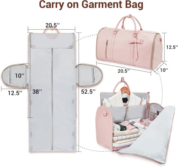 Garment Bags for Travel, Convertible Suit Travel Bag for Women, Stylish Carry On Garment Bag with Toiletry Pocket, Shoulder Strap and Shoes Compartment, 2 in 1 Foldable PU Leather Duffle Bag, Pink - Image 2