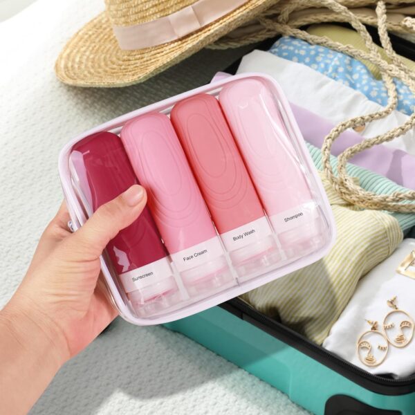 GLAMFIELDS TSA Approved Travel Bottles for Toiletries, 3oz Size Leak Proof Silicone Containers for Shampoo, Conditioner,Easy to Squeeze and Portable, Essentials for Traveling (4 Pack) Pink - Image 7