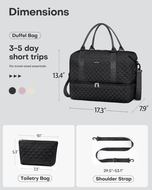 HOTOR Travel Duffel Bag - Weekender Bags for Women, Carry On Bag with Shoe Compartment, Overnight Bag with Toiletry Bag for Travel Essentials and Travel Accessories, Black, 13.4"×17.3"×7.9" - Image 7