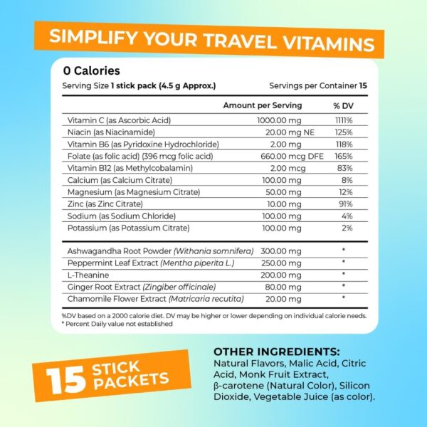 Travel Vitamin Tonic for Flight, Jet Lag, Hydration, Circulation, Digestion & Immune Support, Promotes Calmness, Electrolyte Powder, Travel Essentials, Passion Fruit Tangerine, 15 Sticks - Image 6