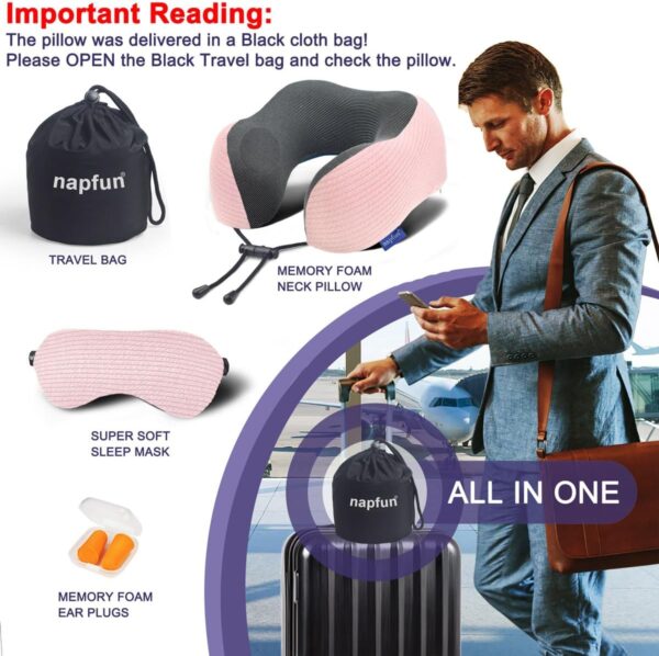 napfun Neck Pillow for Traveling, Upgraded Travel Neck Pillow for Airplane 100% Pure Memory Foam Travel Pillow for Flight Headrest Sleep, Portable Plane Accessories, Pink - Image 6