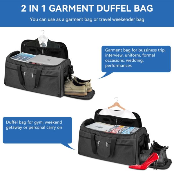 Garment Duffle Bags for Travel, Bukere Convertible Carry on Garment Duffel Bag for Men Women, Shoe Compartment, 2 in 1 Hanging Dress Suitcase Suit Travel Bags, Midnight Grey - Image 6