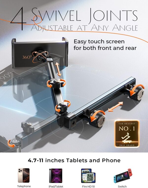 LISEN 3 in 1 for iPad Holder for Car Accessories for Women Interior Road Trip Essentials Backseat Car Organizer Car tv for Back Seat Headrest Tablet Holder iPad Car Mount Kids Fire Tablet 4.7-11" - Image 3