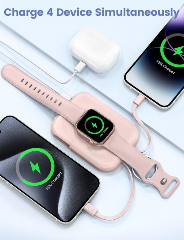 RORRY Portable Charger, 5000mAh Portable Charger Power Bank with Built-in Cables, Travel Keychain Battery Pack for Apple Watch Ultra 2/9/8/Ultra/7/6/SE/5, iPhone 16/15/14/13/12, Pink - Image 4