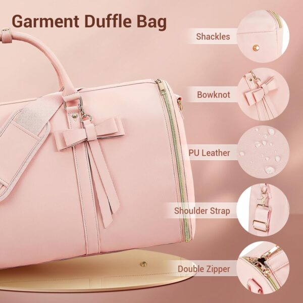 Garment Bags for Travel, Convertible Suit Travel Bag for Women, Stylish Carry On Garment Bag with Toiletry Pocket, Shoulder Strap and Shoes Compartment, 2 in 1 Foldable PU Leather Duffle Bag, Pink - Image 3
