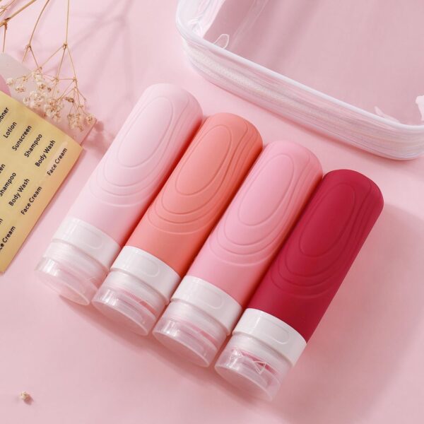 GLAMFIELDS TSA Approved Travel Bottles for Toiletries, 3oz Size Leak Proof Silicone Containers for Shampoo, Conditioner,Easy to Squeeze and Portable, Essentials for Traveling (4 Pack) Pink - Image 6