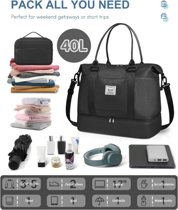 BAGAIL Travel Duffel Bag - Weekender, Overnight Gym Carry On Tote with Wet Pocket, Hospital Mom Bag for Labor and Delivery - Extra Large, Black - Image 2