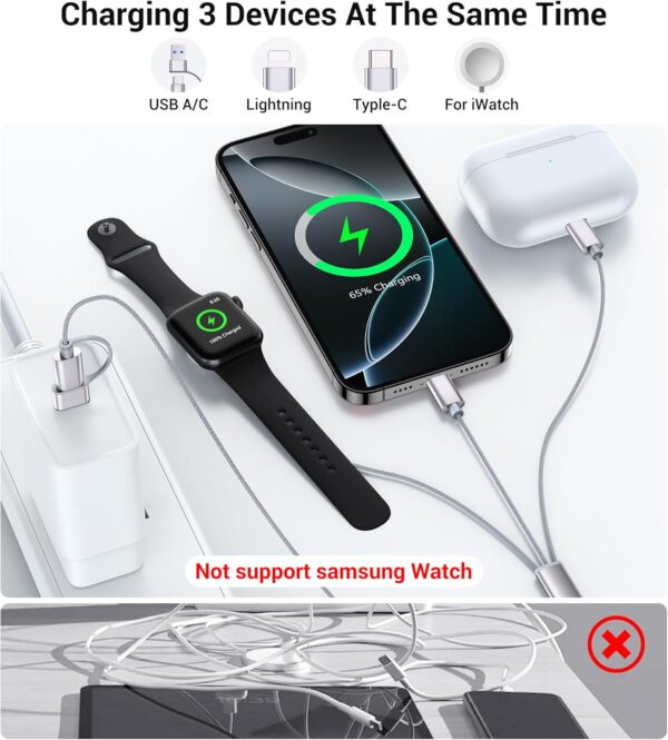 Temdan for Apple Watch Charger,3 in 2 USB C Cable for iPhone 16 Charger/Type C/Lightning Multi Charging Cable Travel Essentials PS/2 Cables Compatible with iWatch Ultra/SE/10-1&iPhone 16-12-4FT - Image 3