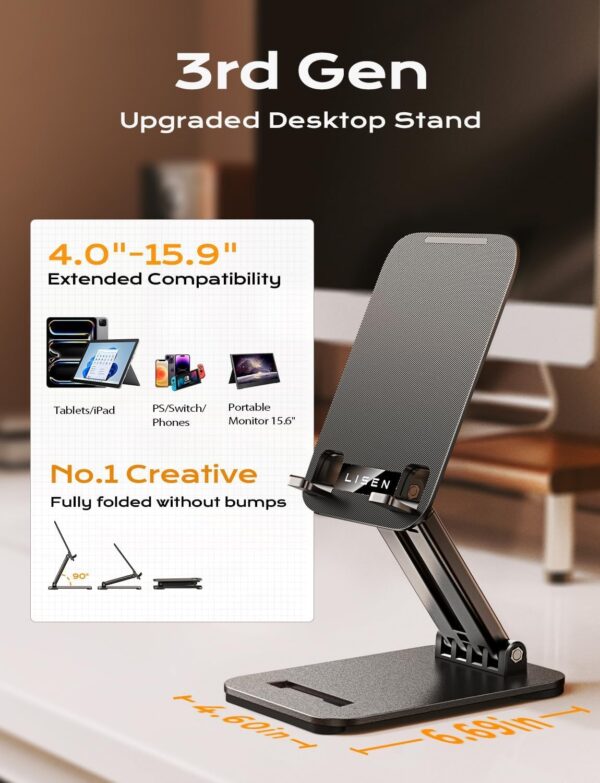 LISEN Tablet Stand for iPad Stand Holder Office Desk Accessories, Foldable iPad Air Holder Travel Accessories 10th Generation Home Office for Desk Men Gifts Fits Tabs Kindle iPhone 4-15.9" Black - Image 2