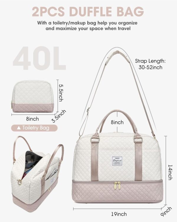 Travel Duffle Bag Weekender for Women: Travel Duffel Bag Carry-On Overnight Bag with Shoe Compartment & Wet Pocket Large Weekend Tote Bag with Toiletry Bags Gym Duffel Bag for Hospital Beige - Image 2