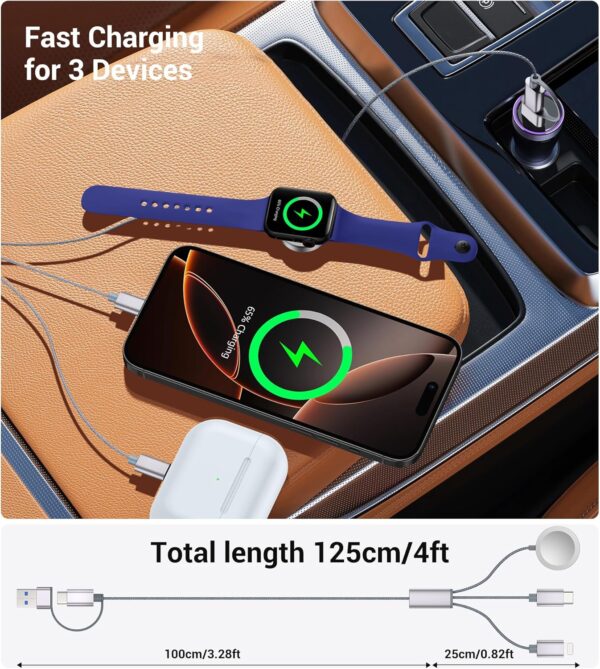 Temdan for Apple Watch Charger,3 in 2 USB C Cable for iPhone 16 Charger/Type C/Lightning Multi Charging Cable Travel Essentials PS/2 Cables Compatible with iWatch Ultra/SE/10-1&iPhone 16-12-4FT - Image 4