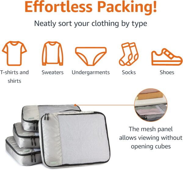 Amazon Basics Large Packing Cubes for Travel, Packing Organizers, 4-Piece-Set With Double Zipper Pulls and Mesh Top Panel, 100% Durable Polyester, Gray, 17.5"L x 12.8"W x 3.3"H - Image 2