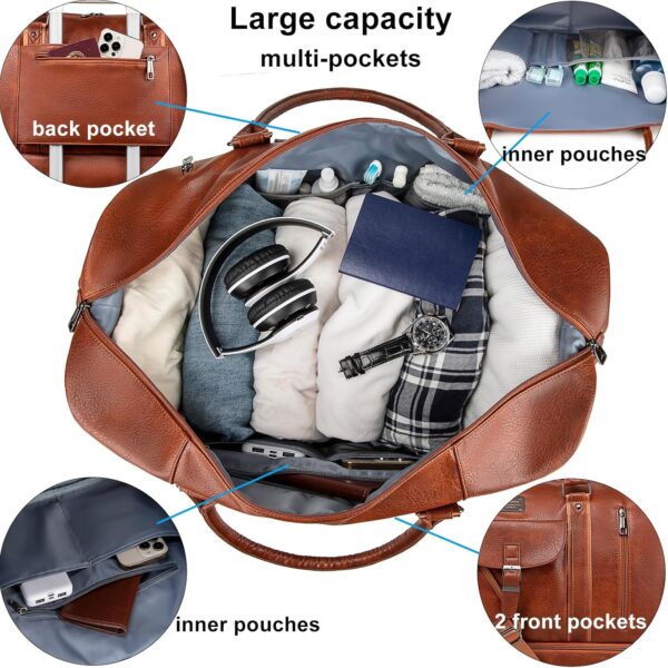 weiatas Leather Travel Duffel Bag for Women Men, Large Weekender Overnight Bag with Shoes Compartment, Waterproof Carry On Bag Travel Tote Bag Gym Bag with Luggage Strap (Brown) - Image 2