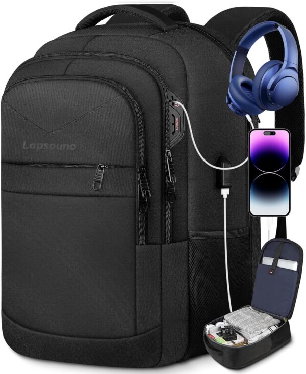 Travel Backpack, Large Carry on Backpack, 17 Inch Laptop Bag, Big Sturdy TSA-Friendly with USB Port College School Rucksack Bag, Gifts for Him Men Women, Black - Image 9