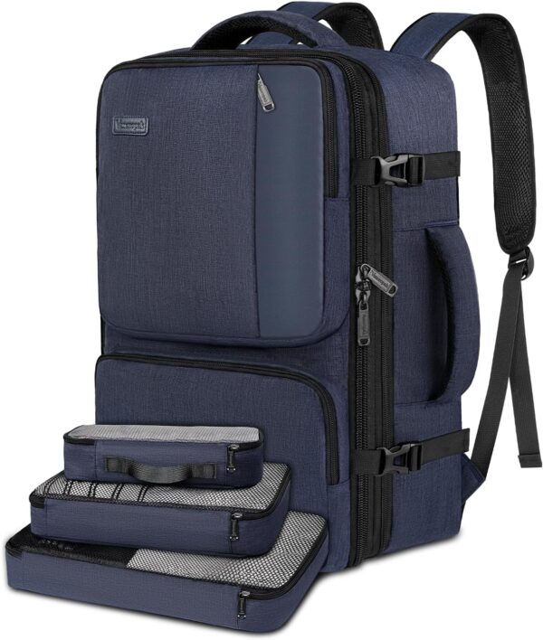 Vancropak Carry on Backpack, Airline Approved 45L Travel Backpack with 3 Packing Cubes for Men Women, Water Resistant Expandable Weekender Luggage Daypack Suitcase Duffel Bag, Gifts for Traveler, Blue